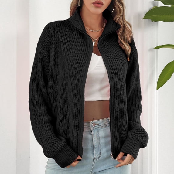 Dealovy Womens Zipper Front Cardigan Long Sleeve Oversized Sweater Knitted Cardigans Jacket