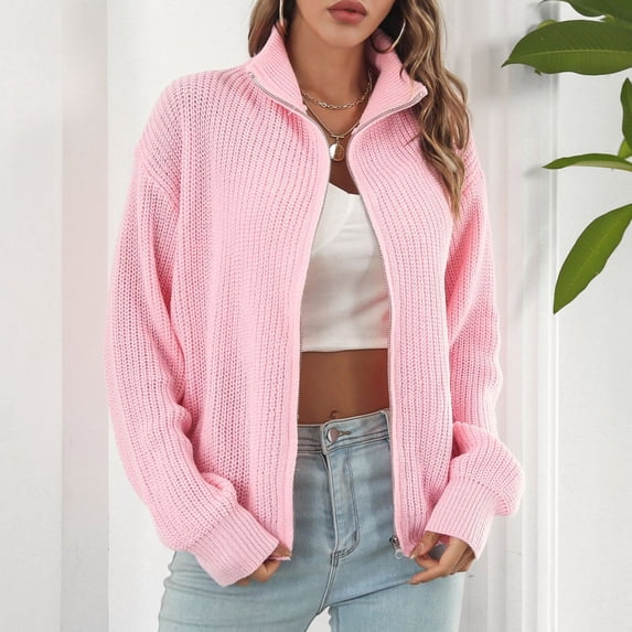 Dealovy Womens Zipper Front Cardigan Long Sleeve Oversized Sweater Knitted Cardigans Jacket