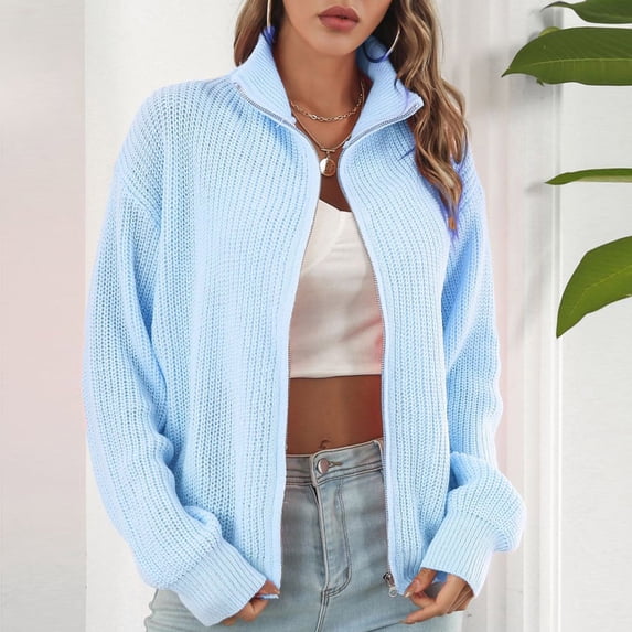 Dealovy Womens Zipper Front Cardigan Long Sleeve Oversized Sweater Knitted Cardigans Jacket