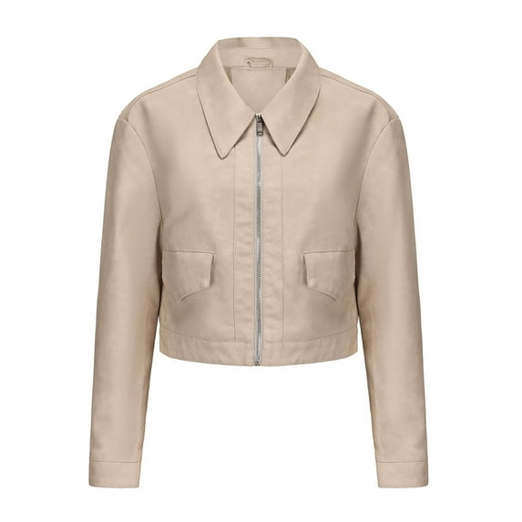 Dealovy Womens Zipper Front Jackets Lapel Neck Cropped Leather Jacket Casual Biker Coat Outerwear