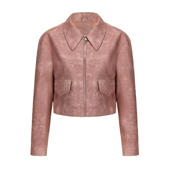 Dealovy Womens Zipper Front Jackets Lapel Neck Cropped Leather Jacket Casual Biker Coat Outerwear