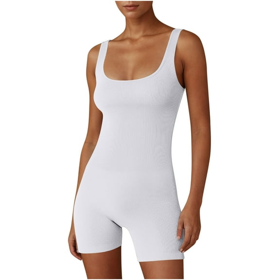 Dealovy Workout Jumpsuits for Women Ribbed Square Neck Bodysuits 1 Piece Seamless Tank Top Sleeveless Rompers