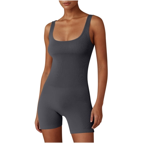 Dealovy Workout Rompers for Women Ribbed Square Neck Bodysuits 1 Piece Seamless Tank Top Sleeveless Short Romper Bodysuit