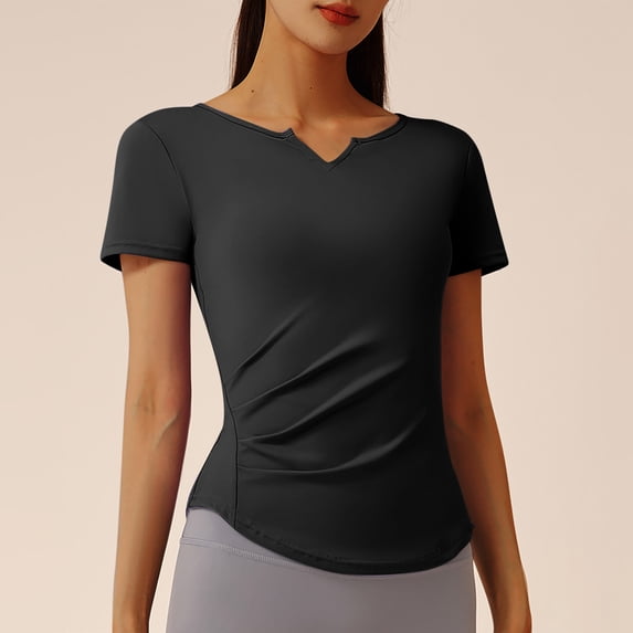 Dealovy Workout Tops for Women V Neck Slim Side Ruched Short Sleeve Gym Yoga Tops Summer Fashion