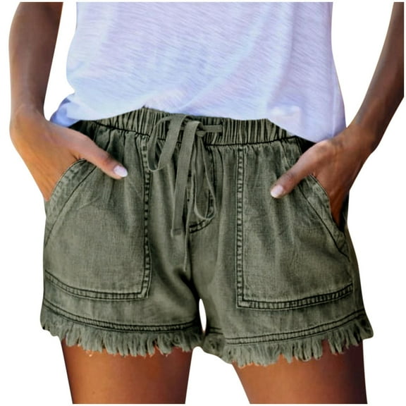 DealovyWomens Jean Shorts Causal Summer Elastic Waisted Drawstring Wide Leg Tassel Denim Shorts with Pockets