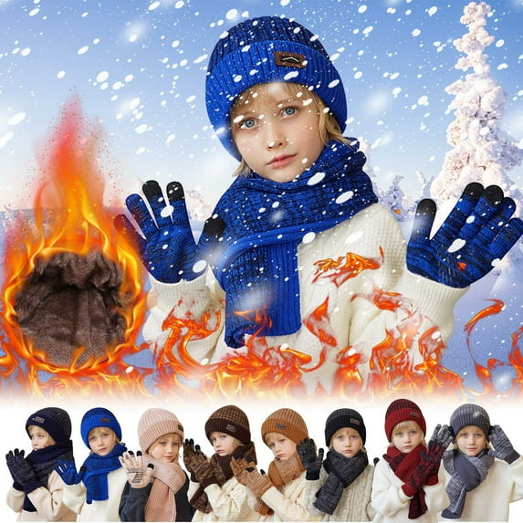 Deals 1-11 Years Kids Winter Beanie Hat Warm Knit Thick Ski Cap And Scarf Gloves Set for Girls Boys Deals