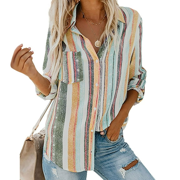 under 10.00 LYXSSBYX Womens Long Sleeve Dress Womens Fashion V Neck Striped Roll Up Sleeve Button Down Blouses Tops with Pocket Loose Shirt