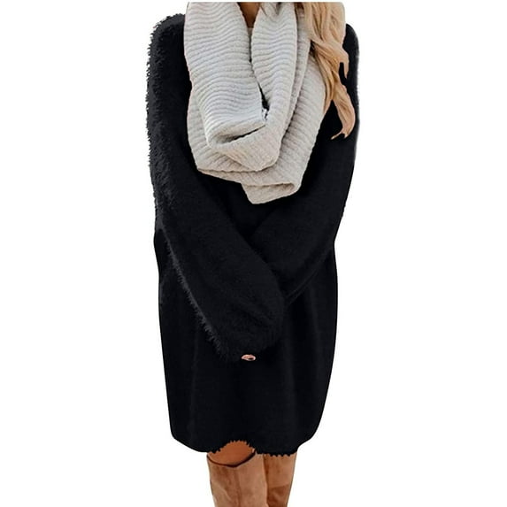 under 10.00 LYXSSBYX Womens Long Sleeve Dresses Autumn and Winter Women Causal Solid Long Sleeve Loose O-Neck Hairy Sweater Pullover Dress