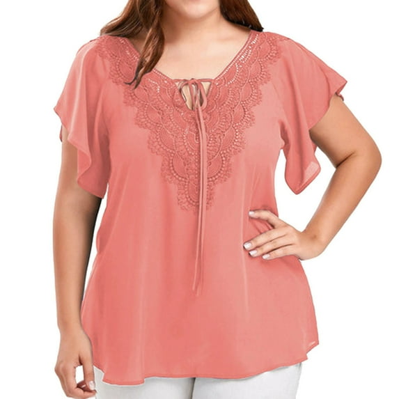 under 10.00 LYXSSBYX Womens Summer Shirts under 10.00Fashion Woman Casual V-Neck Solid Print Lace Short Sleeve T-Shirt Summer Plus Size Tops