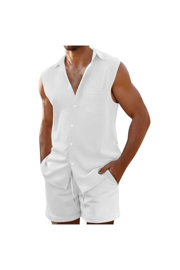 2 Packs Mens Summer Suits Collared Sleeveless Shirts Front Button Tank Tops Plain Basic Camisole Dressy Shirts Lace-Up Elastic Waist Shorts Pull On Stretch Short Pants 2 Pcs Sets