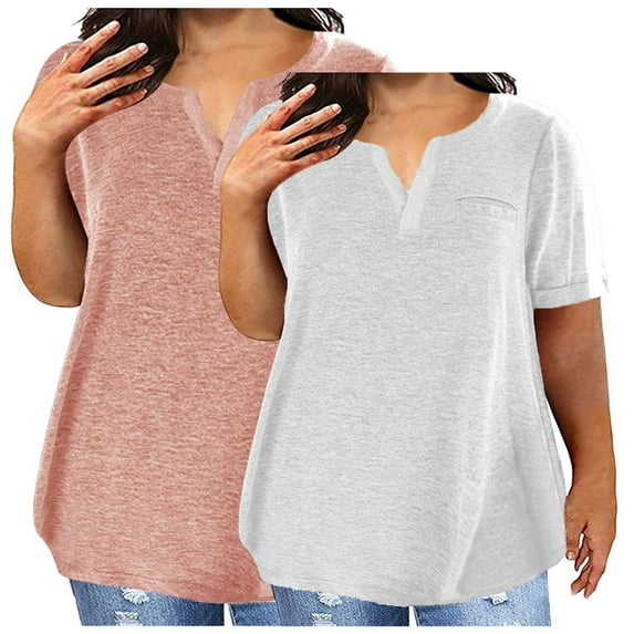 Deals 2 Pcs Henley Neck Tee Shirts for Women Plus Size Tunic Tops Pure Classic Short Sleeve Shirts Loose Fitting T-Shirts Fltter Hem Relaxed Fit Tunic Blouses Dressy Work Office Clothes With Pockets