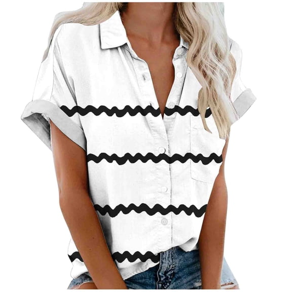2025 IHengLiXing Women's Lapel Collared Tops Print Pattern Pullover Loose Fit ,Women's Regular Casual Print Short Sleeved Blouses Top(White,M)