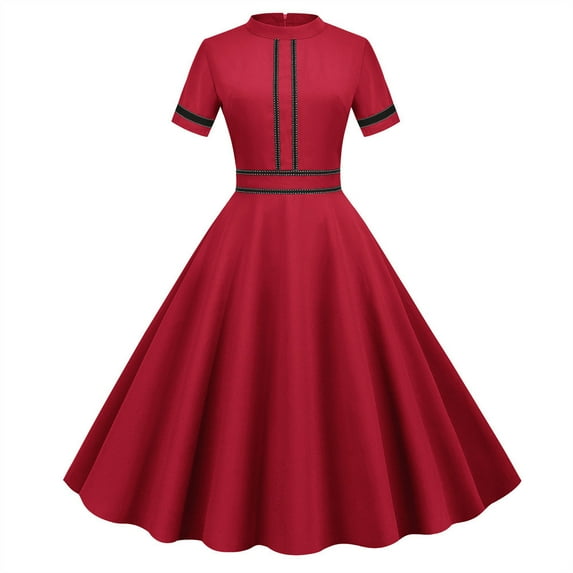 Deals 2024 SMihono Trendy Womens Short Sleeve Square Neck Dress Hot Selling Explosion Women's Model Color Vintage Stand Up Neck Fashion Party Hem Dresses Red 4