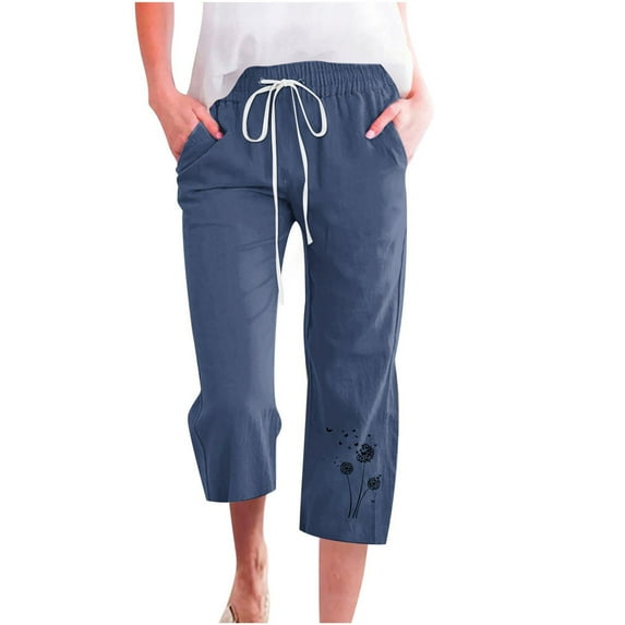 Deals 2024 Summer Cotton Linen Capri Trousers for Women Drawstring Dandelion Printed Pants Plus Size Solid Color Casual Pants with Pockets