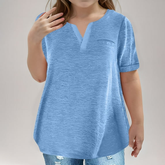 Deals 3-14 Years Girls Plus Size V-neck Short-sleeved Tops Shirts Kids Loose Tunic Tops Pullover Gift for Kids Blue 7 Years