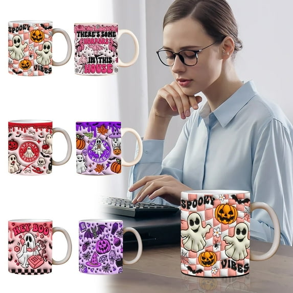 3D Effect Pumpkin Coffee Cup with Ghost,Spooky Ghost Vibes Mug,Halloween Coffee Mug, Halloween Ceramic Coffee Mug,Halloween Tumbler Cup,Perfect and Best Gifts for Coffee Lover