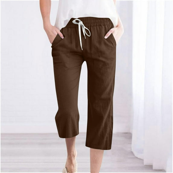 Axiiglly Linen Pants Women Lightweight Plus Size Capri Pant Solid Color Drawstrings Straight Leg Pants Casual Loose Comfy Cotton Pant with Pockets
