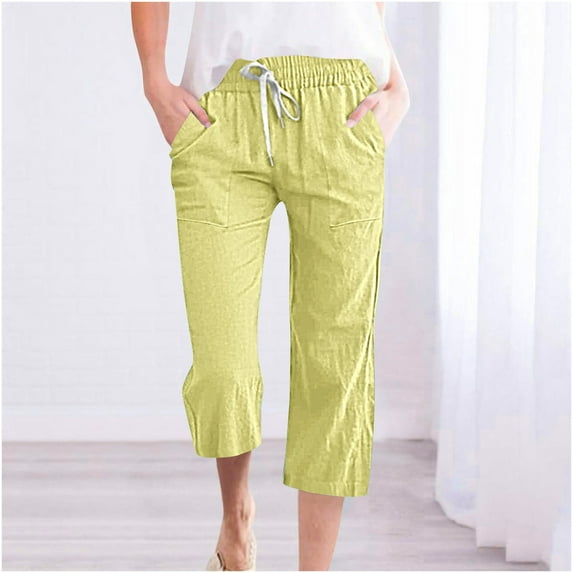 Axiiglly Linen Pants Women Lightweight Plus Size Capri Pant Solid Color Drawstrings Straight Leg Pants Casual Loose Comfy Cotton Pant with Pockets