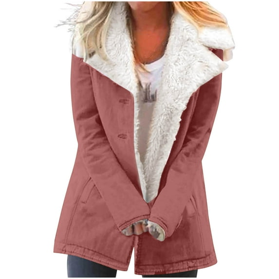 Winter Long Coats for Women, Women's Casual Winter Warm Composite Plush Button Lapels Jacket Outwear Long Sleeve Hoodless Coat Gifts Christmas Gift