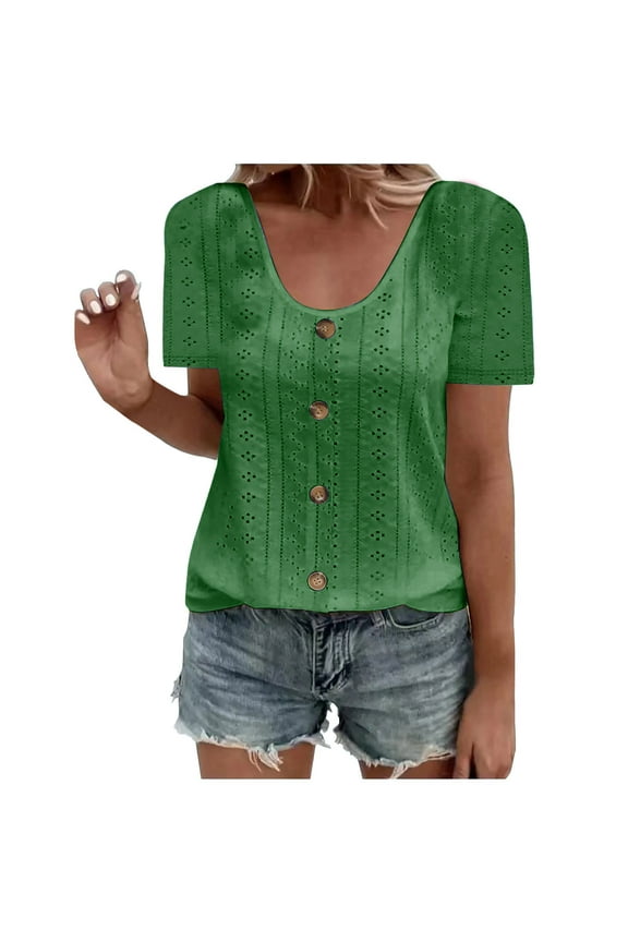 Women's Summer Tops Dressy Casual Short Sleeve Button Down Shirts Womens Fashion Summer Short Sleeve Round-Neck Solid Casaul Tops T-shirt Green S-5XL 4XL