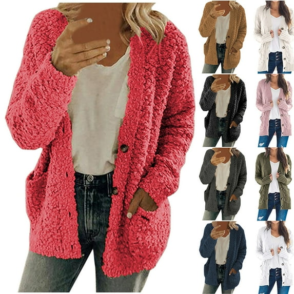 YOTAMI Women's Knit Sweater Cardigans 2025 Winter Oversized Cardigan with Pocket Long Sleeve Solid Color Open Front Lightweight Casual Jacket Coats Pink, Sizes M