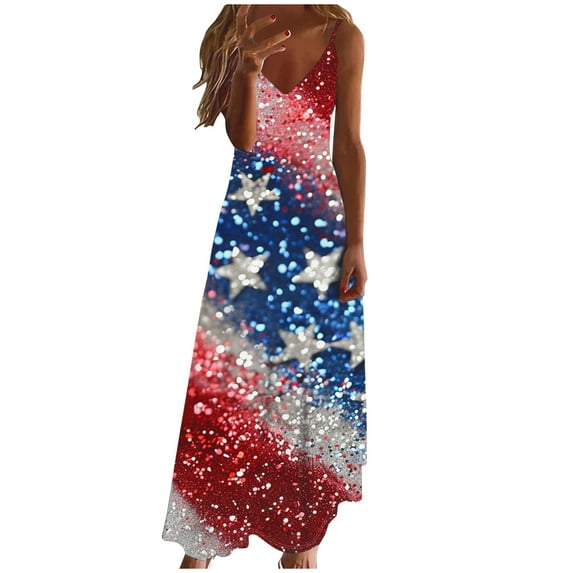 American Flag Printed Dress for Women A-Line Spaghetti Strap Sundress Deep V-Neck Maxi Tank Dresses Independence Day Patriotic Dress Baggy Boho Summer Beach Vacation Outfits