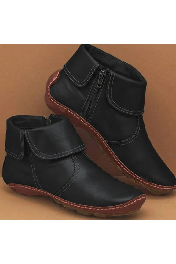 Boots for Women Women's Casual Flat Retro Zipper Boots Side Zipper Round Toe Shoe Boots Black 9.5(43)