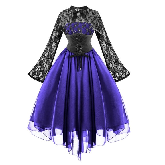 Borniu Halloween Costumes,Gothic Clothes for Women, Women Fashion Gothic Style Sexy Round Neck Banquet Festival Off Shoulder Half Sleeve Dress Lace Chiffon Dress Renaissance Dress