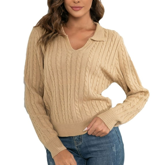 Deals Cable Knitted Sweaters for Women Lapel V Neck Long Sleeve Tunic Tops Fall Lightweight Comfy Pullover Jumper Khaki,S