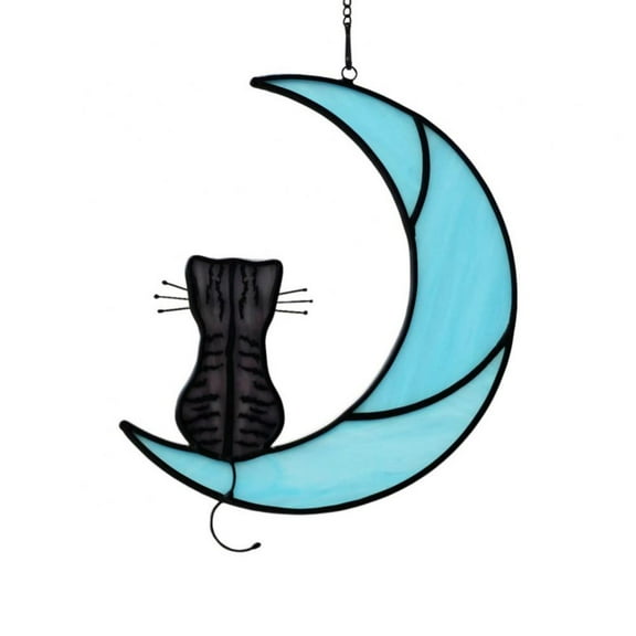 Cat in Moon Black Tabby Cat Decor on Blue Moon Stained Glass Window Hangings Cat Memorial Gifts for Cat Lovers,Cat Suncatcher Pet Ornament Funny Cat Themed Gifts for Girls,Mom or Women