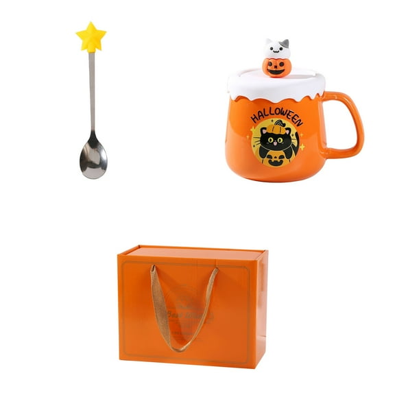 Ceramic Ghost Coffee Mugs Halloween,Orange Ghost Mug with Spoon and Gift Box,Ghost Pattern Ghost Face Mug Coffee Cup, Halloween Gifts for Kids Adults,14oz