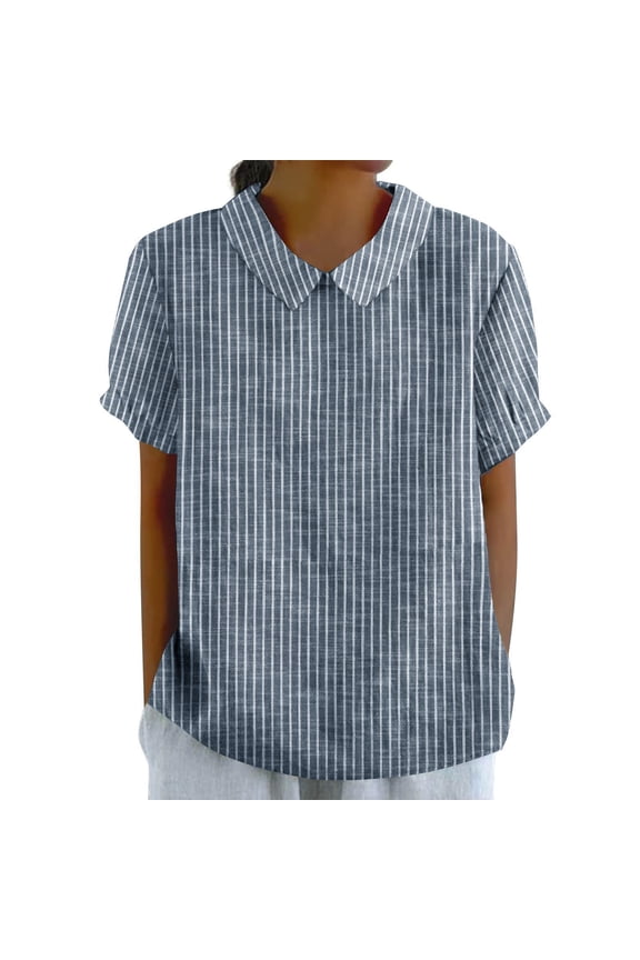 Checked Striped Shirt for Women Summer Linen Collared Shirts Pullover Sweater Blouses Relaxed Fitted Dressy Shirts Light Breathable Tunic Tops Going Out Office Work Clothes