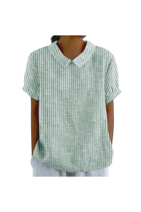 Checked Striped Shirt for Women Summer Linen Collared Shirts Pullover Sweater Blouses Relaxed Fitted Dressy Shirts Light Breathable Tunic Tops Going Out Office Work Clothes