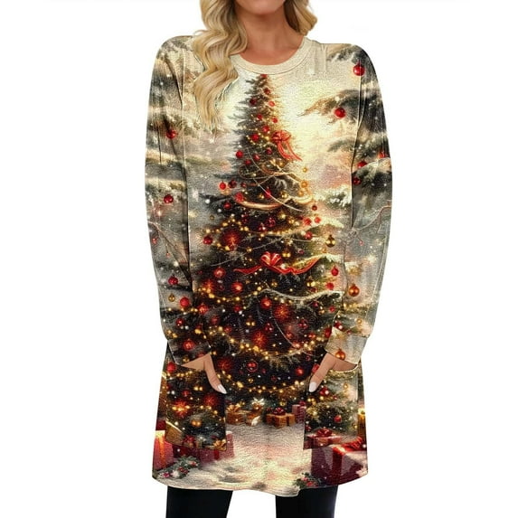 Christmas Outfit for Women Long Sleeve Loose Fit Tunic Tops with 2 Pockets Crewneck Xmas Printed T-shirts (2XL, Gold)