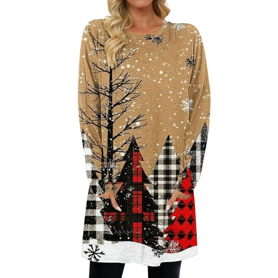 Christmas Outfit for Women Long Sleeve Loose Fit Tunic Tops with 2 Pockets Crewneck Xmas Printed T-shirts (S, Khaki)