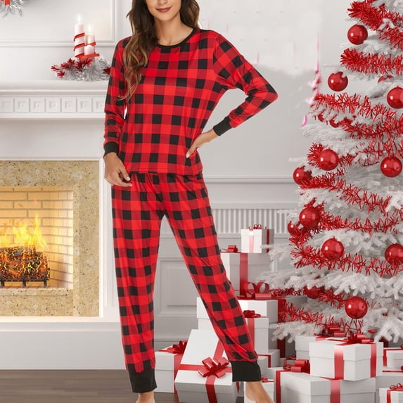 Deals Clearance BUIgtTklOP Womens Christmas Plaid Printed Long Sleeve Pants Pajama Set Homewear