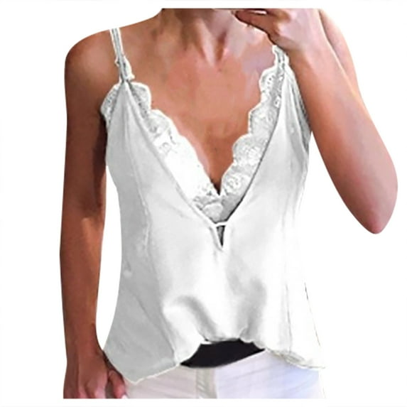 Deals Clearance under 5.00 Lindreshi Camisole Tops for Women 2024 Women Sexy V Neck Lace Patchwork Strappy Sleeveless Casual Camis Vest Tank Tops