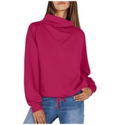 JSKUMAR Cotton Fleece Sweatshirts Long Sleeve Cowl Neck Fall Winter Sweaters for Women Drawstring Hem Casual Plain Tops (M, Hot Pink)