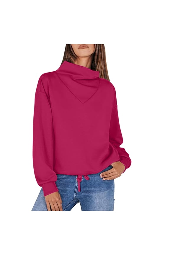 Cotton Fleece Sweatshirts Long Sleeve Cowl Neck Fall Winter Sweaters for Women Drawstring Hem Casual Plain Tops (M, Hot Pink)