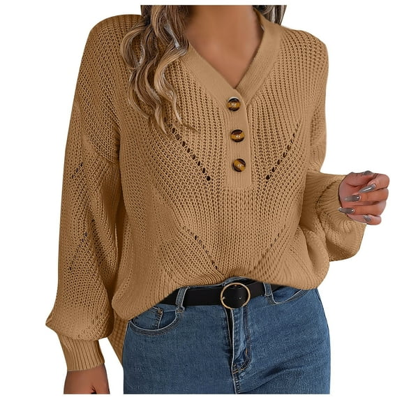 Crochet Sweaters for Women Long Sleeve V Neck 3 Button Solid Tunic Pullover Knitted Tops Trendy Jumper Fall Khaki,S