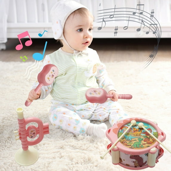 Danhjin Baby Musical Toys, Musical Toy Set with Hand Pat Drum Rattle and Trumpet, Early Learning Percussion Instrument for Infants Safe ABS Plastic, Christmas Gifts for Newborn Boys and Girls