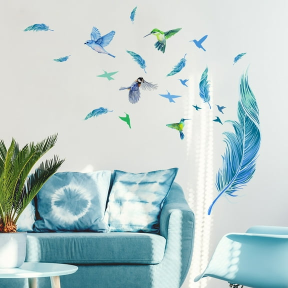 Bifavgk Blue Feather Wall Mural Decal For Living Room Creative Bird Feather Wall Window Decoration Feather Decor Wallpaper Peel And Stick Wall Art For Living Room