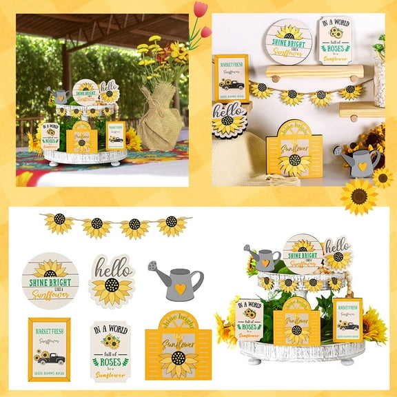 Bifavgk Summer Sunflower Tiered Tray Decor Farmhouse Wood Tiered Tray Decorative Ornament Serving Tray Home Decor Room Decor