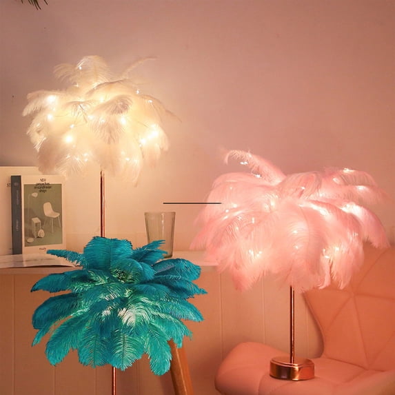 Feather Table Lamp with LED Light, Battery Operated Night Light for Bedroom, Living Room, Wedding Party, Christmas, Valentine's Day Decor