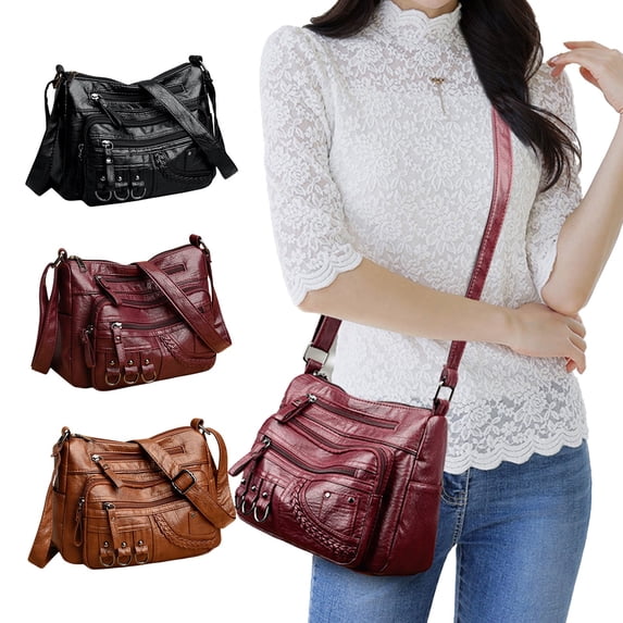 Gosuguu Women’s Soft Washed Leather Shoulder Bag, Multi-Zip Spacious Handbag, Large Capacity Purse for Daily Use, Travel, Shopping, and Work