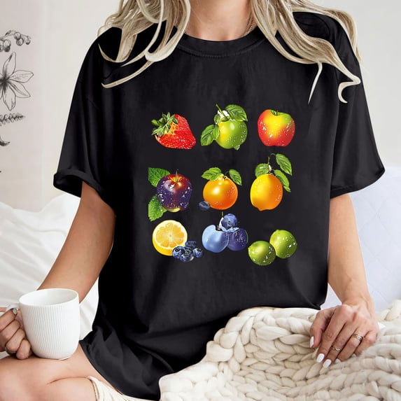 Deals of the Day Clearance LEBONYARD Womens Plus Size Clearance $5,Women's Fashion Summer Round Neck Drop Sleeves Leisure Short Sleeve Fruit Printing Tops Black M
