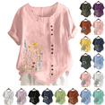 thumbnail image 1 of Xdegoge of The Day Linen Tops for Women Short Sleeve Crewneck Shirts Casual Floral Summer Tops Tunic Fit Fashion Tshirts, 1 of 5