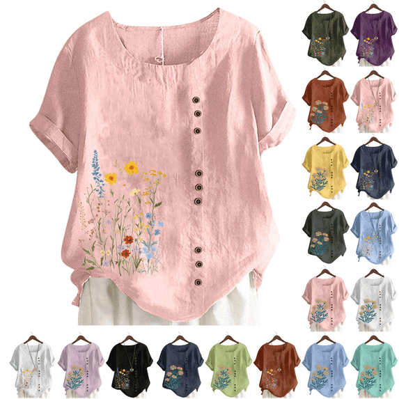 Xdegoge of The Day Linen Tops for Women Short Sleeve Crewneck Shirts Casual Floral Summer Tops Tunic Fit Fashion Tshirts