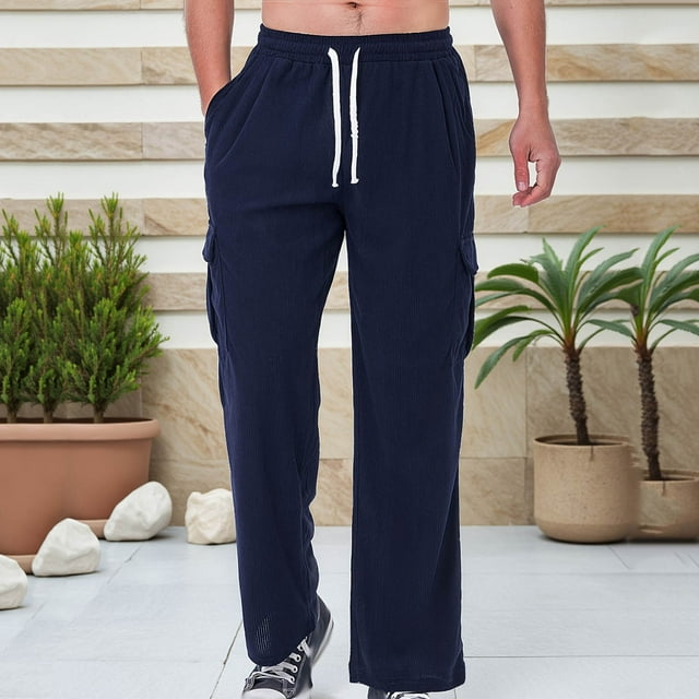 Deals of The Day Clearance! Men's Casual Fashion Loose Ventilate Drawstring Pockets Outdoors Exercise Straight Barrel Pants, Comfortable Outdoor Pants for Hiking, Sports, or Workouts