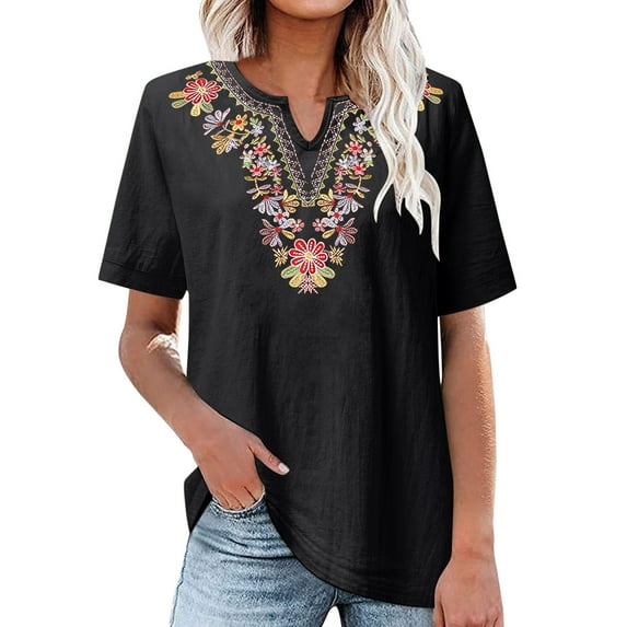 Miqool Linen Shirts for Women, Casual Short Sleeve V Neck Cotton Tunics Tops Summer Loose Flowy T-Shirts Trendy Blouses 2024 Business Work Shirts